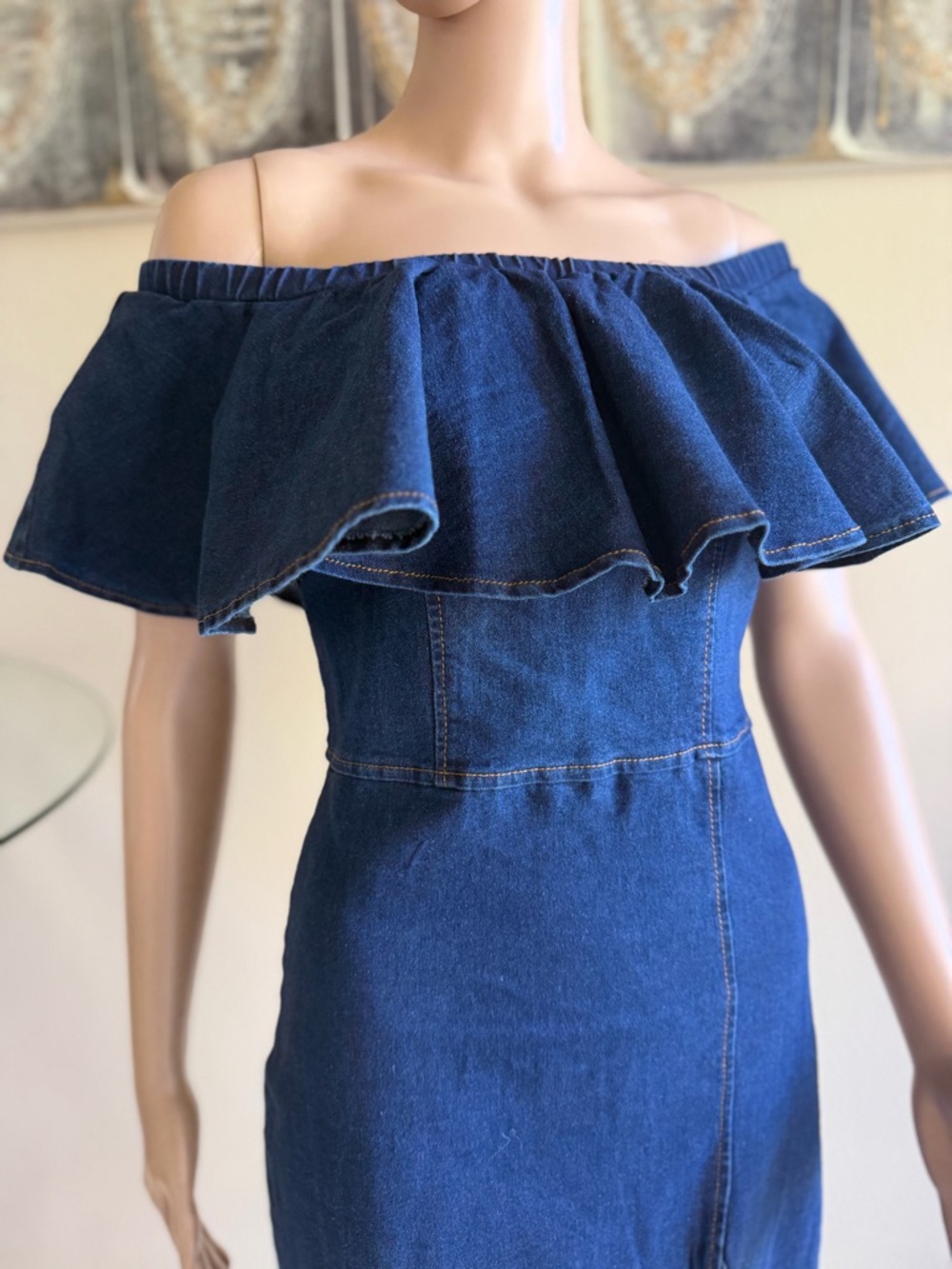 Off-Shoulder Ruffle Denim Midi Dress - Navy - Picture 2 of 6
